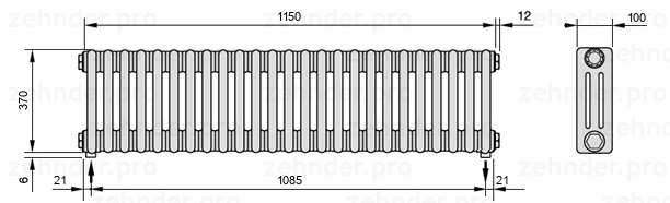 Схема (чертеж) Радиатор Zehnder Charleston 3037/25 №3570 Белый глянцевый RAL 9016